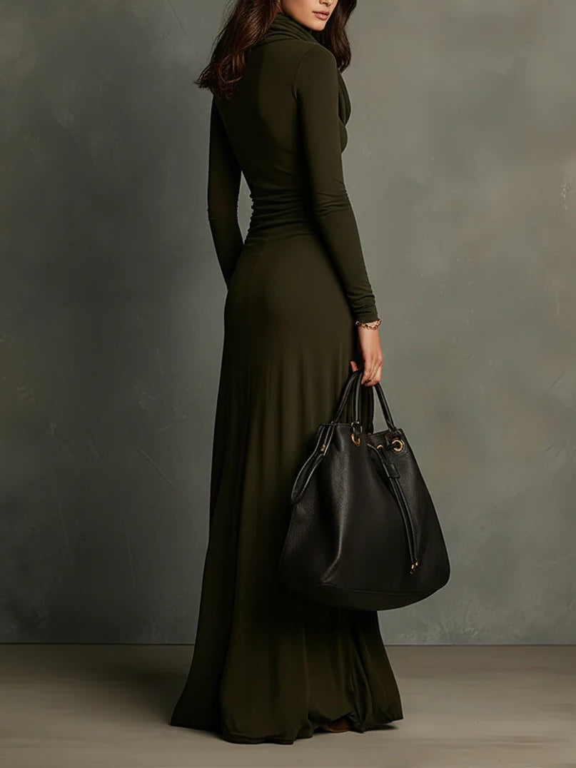 Elegyn Olive Green Maxi Dress - Cowl Turtleneck & Slim Fit