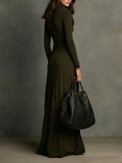 Elegyn Olive Green Maxi Dress - Cowl Turtleneck & Slim Fit