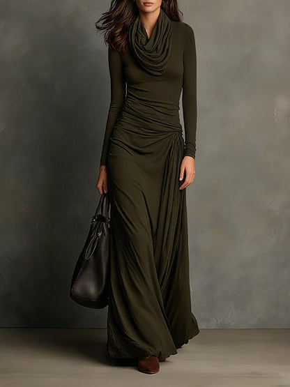 Elegyn Olive Green Maxi Dress - Cowl Turtleneck & Slim Fit
