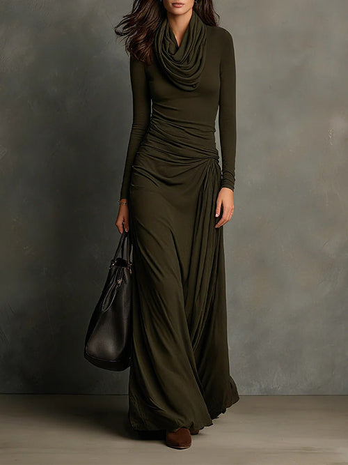 Elegyn Olive Green Maxi Dress - Cowl Turtleneck & Slim Fit
