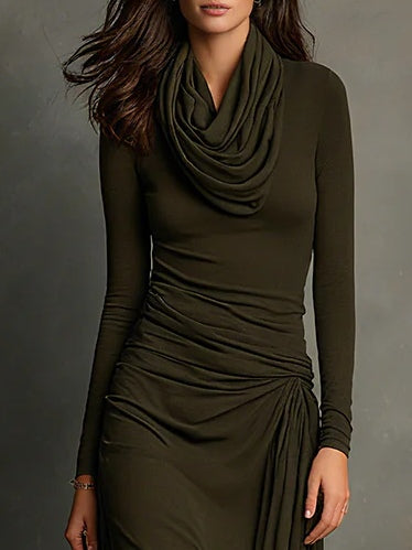 Elegyn Olive Green Maxi Dress - Cowl Turtleneck & Slim Fit
