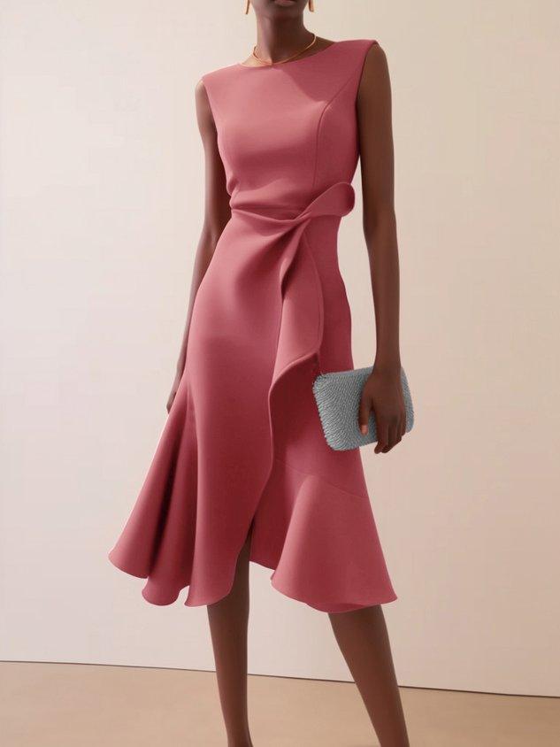 Elegyn Red Sleeveless A-Line Midi Dress - Elegant Twist-Waist Fit