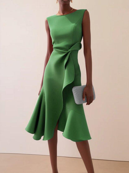 Elegyn Red Sleeveless A-Line Midi Dress - Elegant Twist-Waist Fit