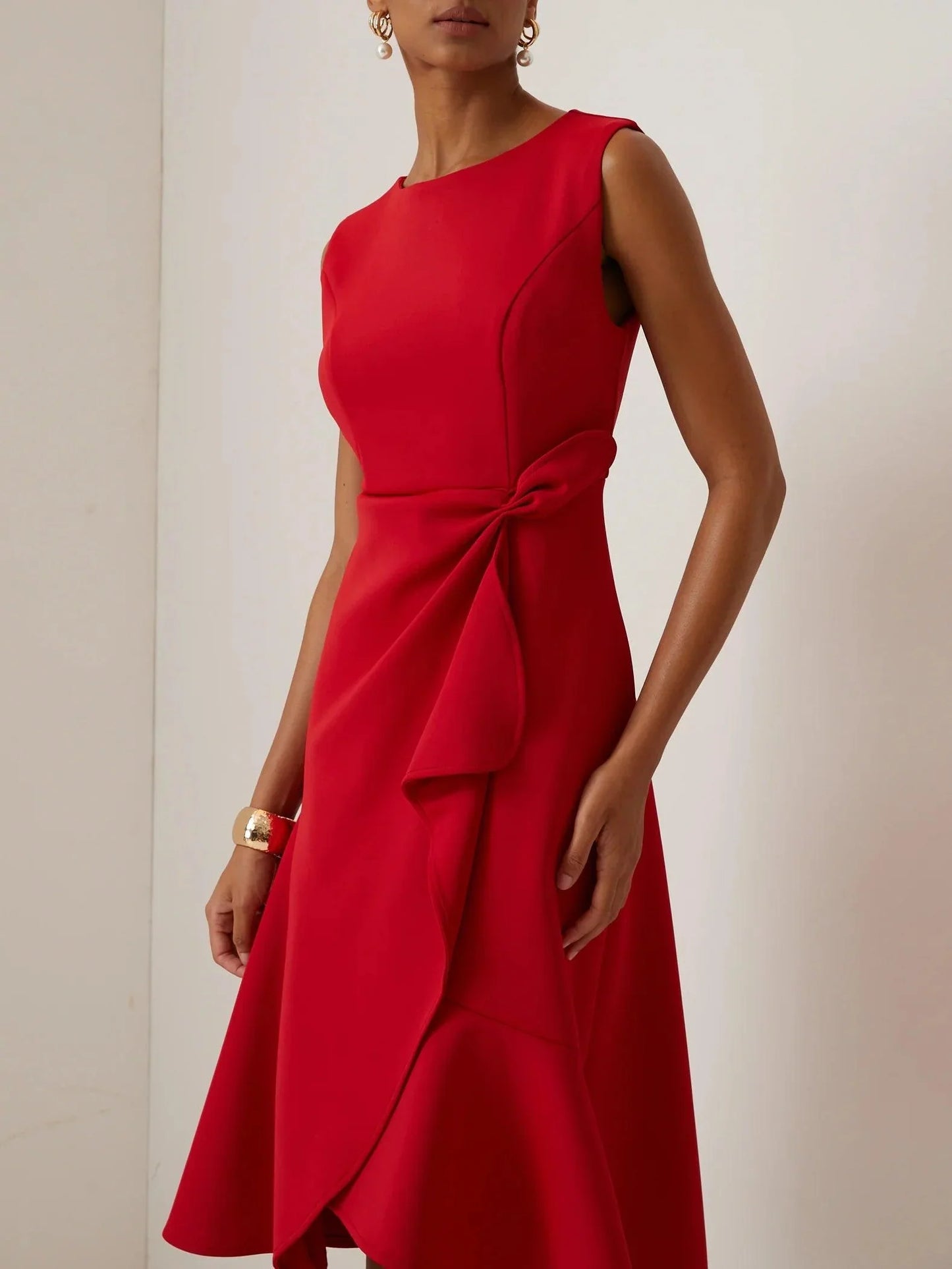 Elegyn Red Sleeveless A-Line Midi Dress - Elegant Twist-Waist Fit