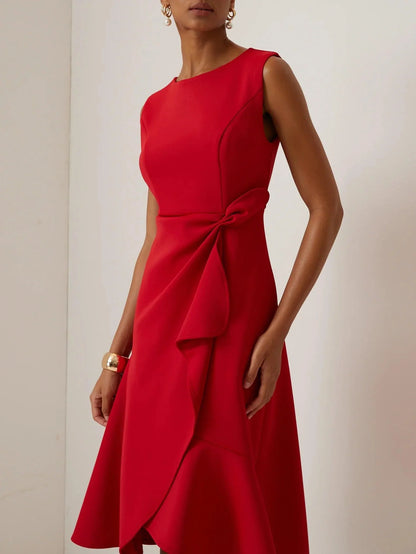 Elegyn Red Sleeveless A-Line Midi Dress - Elegant Twist-Waist Fit