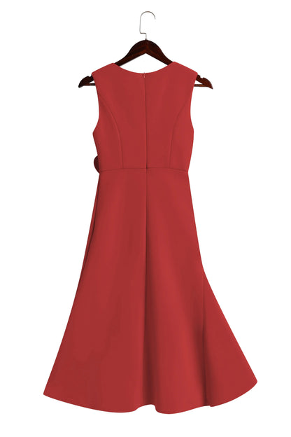Elegyn Red Sleeveless A-Line Midi Dress - Elegant Twist-Waist Fit