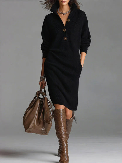Elegyn Stand Collar Loose Knit Dress - Elegant Long Sleeve Fit