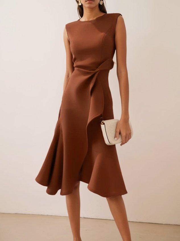 Elegyn Red Sleeveless A-Line Midi Dress - Elegant Twist-Waist Fit