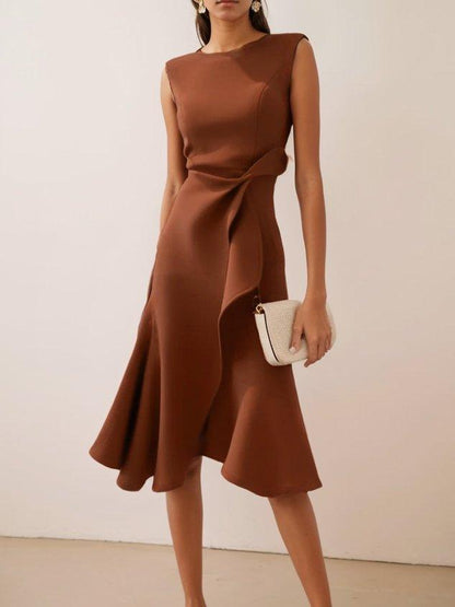 Elegyn Red Sleeveless A-Line Midi Dress - Elegant Twist-Waist Fit