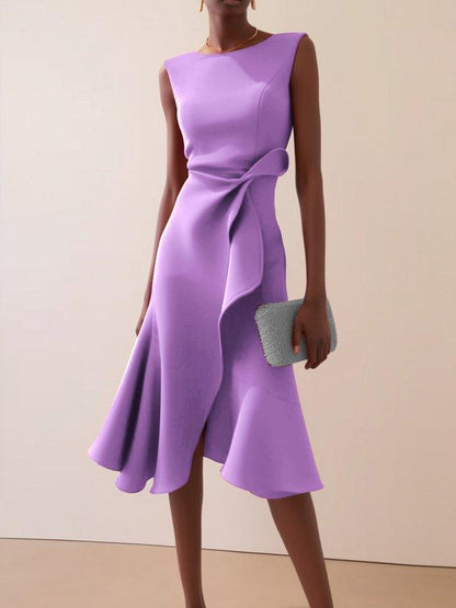 Elegyn Red Sleeveless A-Line Midi Dress - Elegant Twist-Waist Fit