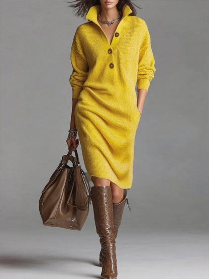 Elegyn Stand Collar Loose Knit Dress - Elegant Long Sleeve Fit