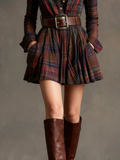 Elegyn Vintage Plaid Mini Dress Red Brown Collar Belt Included