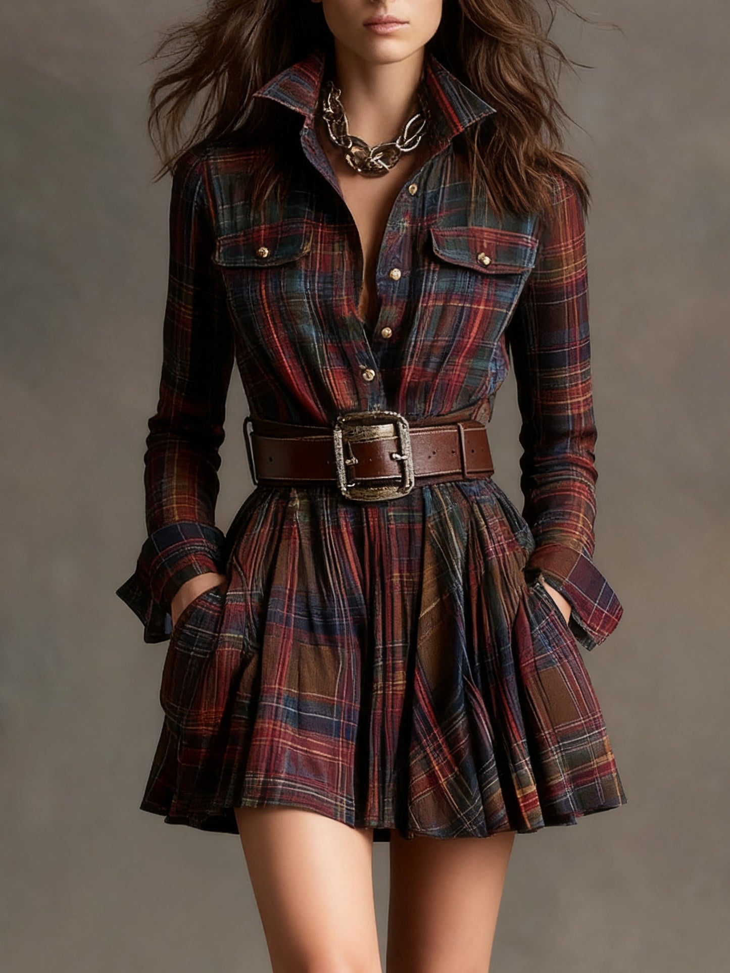 Elegyn Vintage Plaid Mini Dress Red Brown Collar Belt Included