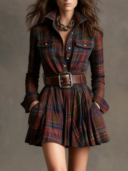 Elegyn Vintage Plaid Mini Dress Red Brown Collar Belt Included