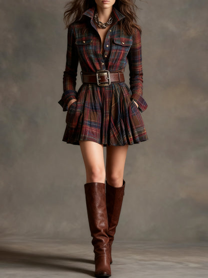 Elegyn Vintage Plaid Mini Dress Red Brown Collar Belt Included