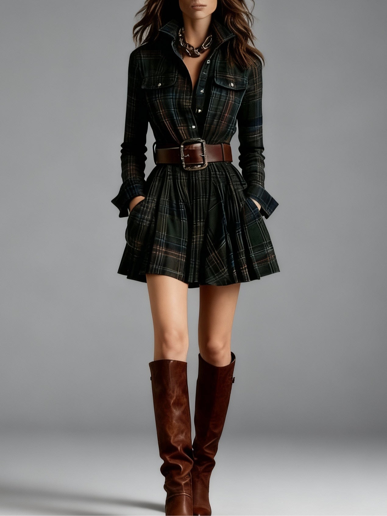 Elegyn Vintage Plaid Mini Dress Red Brown Collar Belt Included