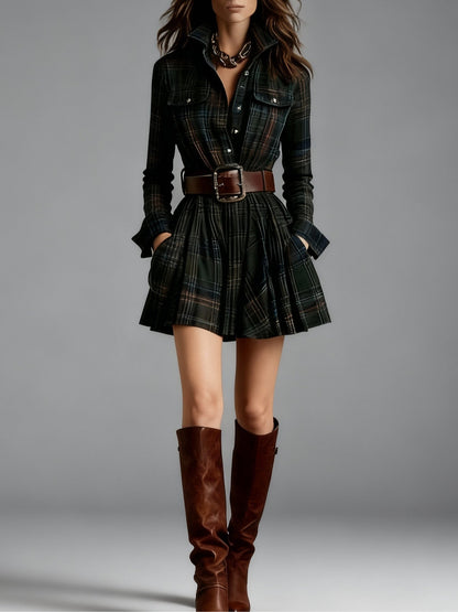 Elegyn Vintage Plaid Mini Dress Red Brown Collar Belt Included