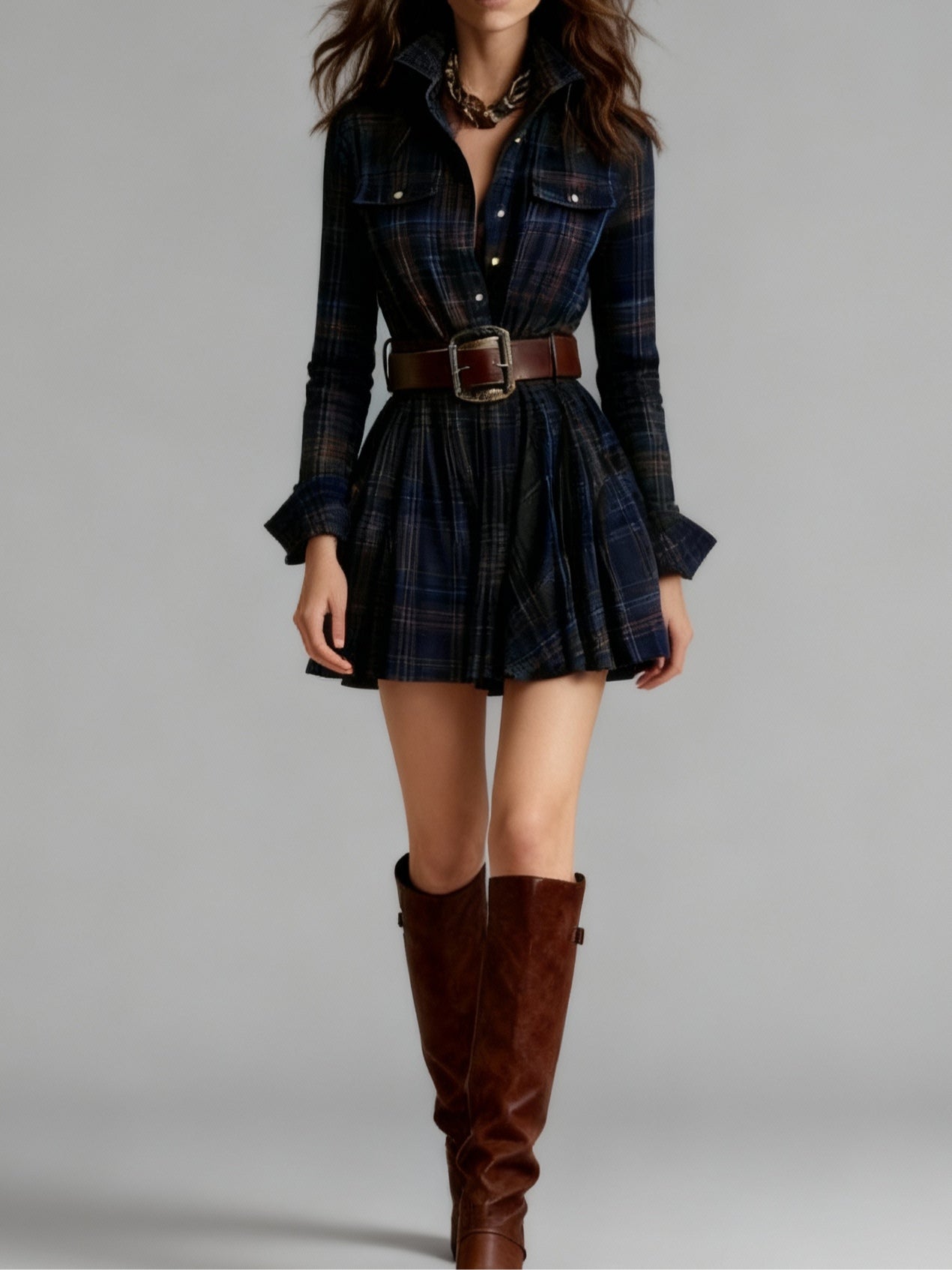 Elegyn Vintage Plaid Mini Dress Red Brown Collar Belt Included