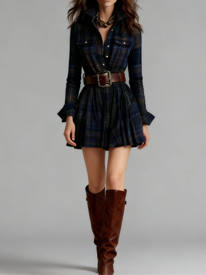 Elegyn Vintage Plaid Mini Dress Red Brown Collar Belt Included