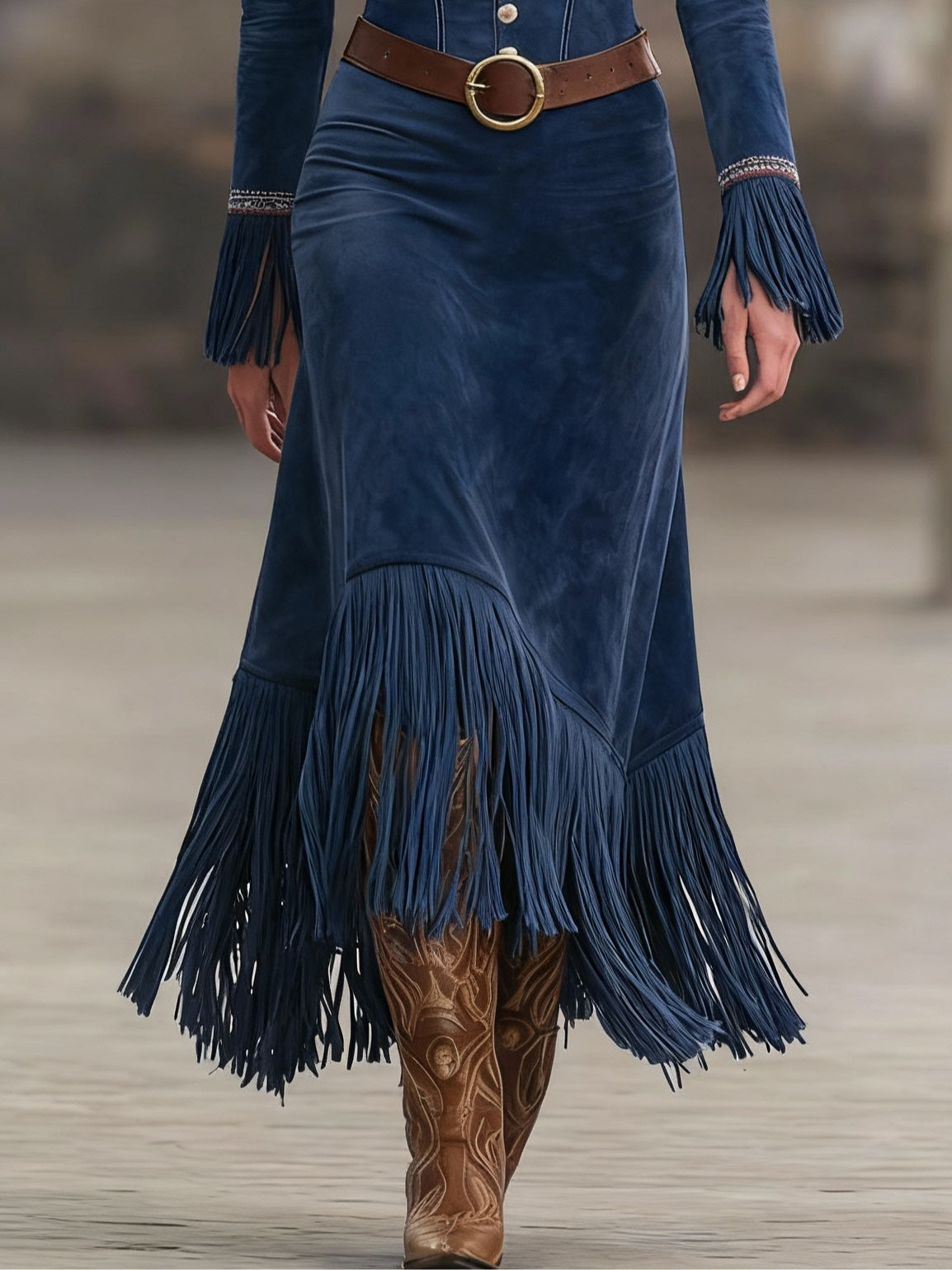 Elegyn Retro Blue Suede Maxi Dress - Embroidery & Tassel Hem