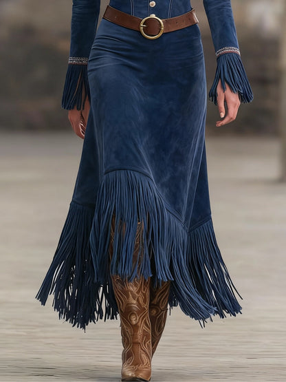 Elegyn Retro Blue Suede Maxi Dress - Embroidery & Tassel Hem