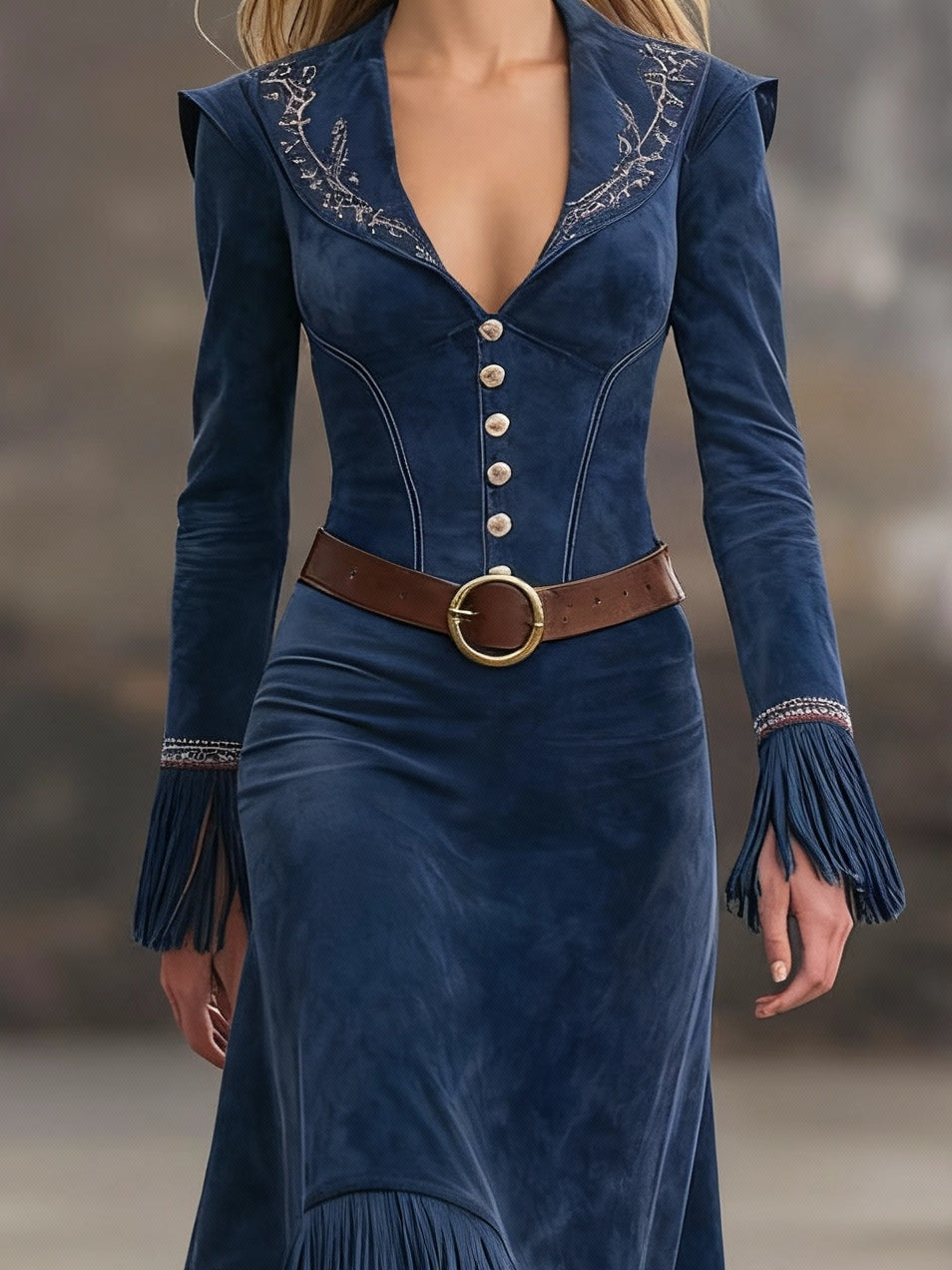 Elegyn Retro Blue Suede Maxi Dress - Embroidery & Tassel Hem