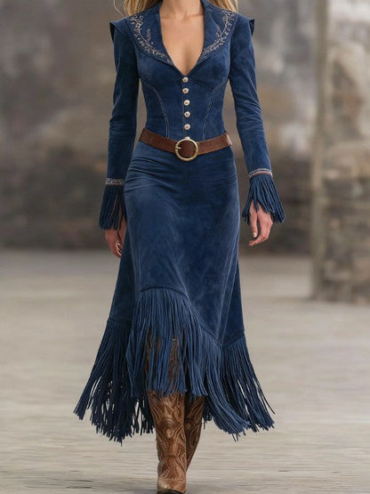 Elegyn Retro Blue Suede Maxi Dress - Embroidery & Tassel Hem